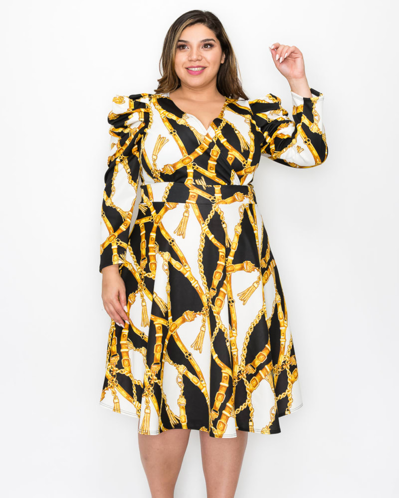 Front of a model wearing a size 1X Callie Flare Midi Dress in Black/Ivory/Gold by L I V D. | dia_product_style_image_id:241230